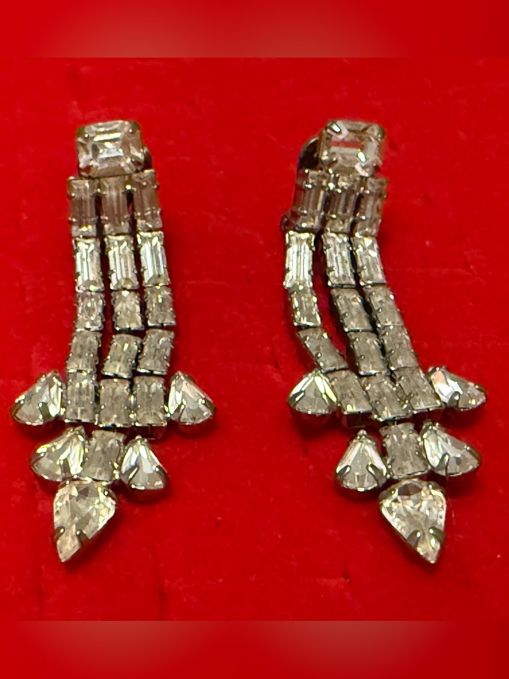 Vintage Silvertone Rhinestone Floral Dangle Earrings - Women Jewelry Statement